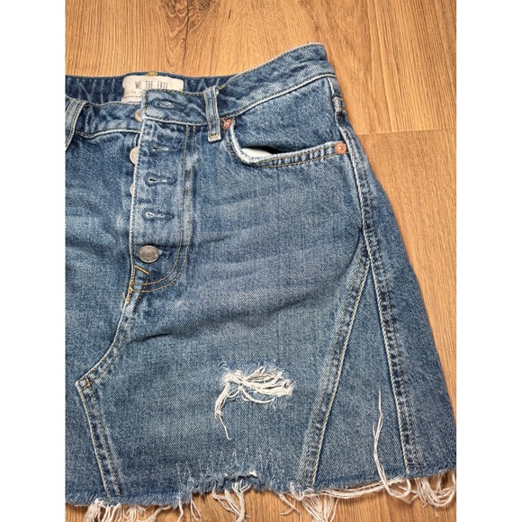 We The Free Free People Denim Mini Skirt Button Fly Distressed Blue Size 27 - Picture 4 of 9